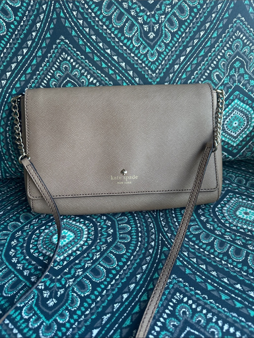 kate spade taupe leather crossbody with gold chain
